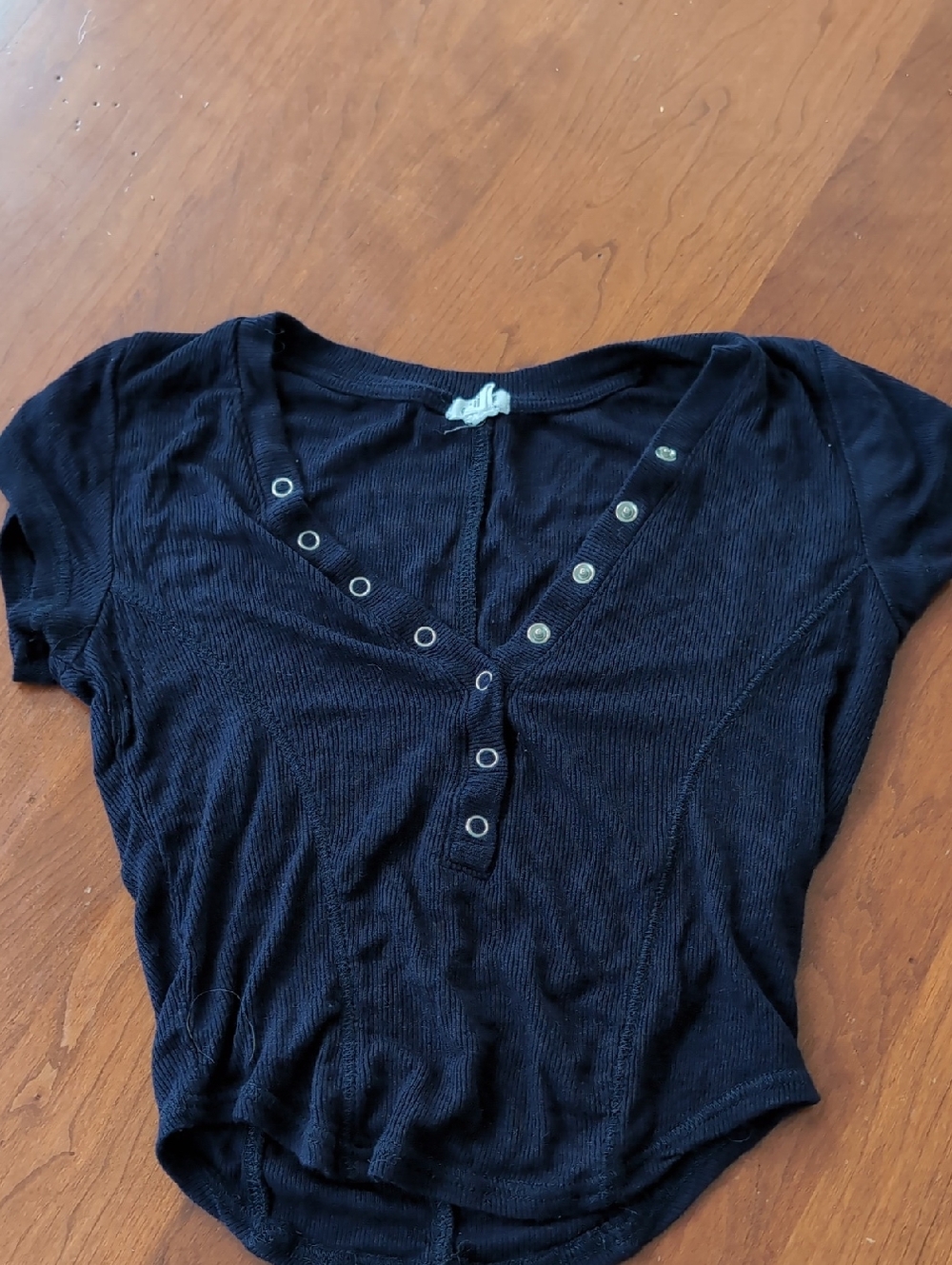 Garage Black Ribbed Snap-Henley Short Sleeve Tee